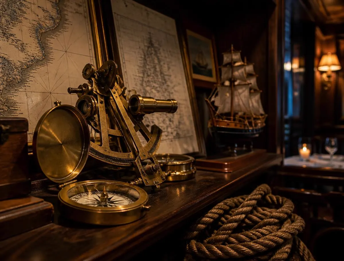 Alte Navigationsinstrumente und Messingdetails an der Wand des Restaurants